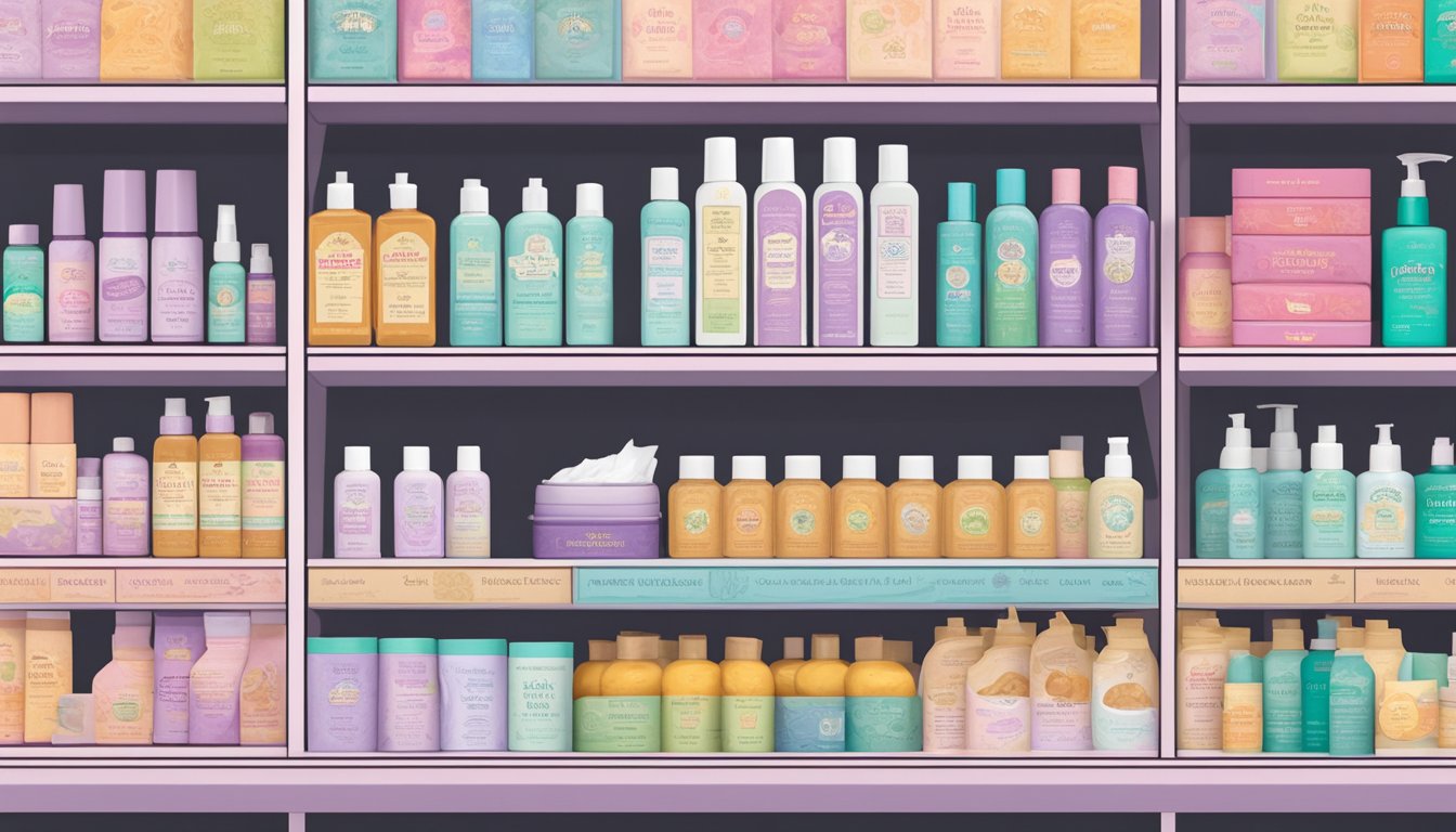 A display of Trader Joe's alternative feminine care options, including cleansers and toners, arranged neatly on a shelf