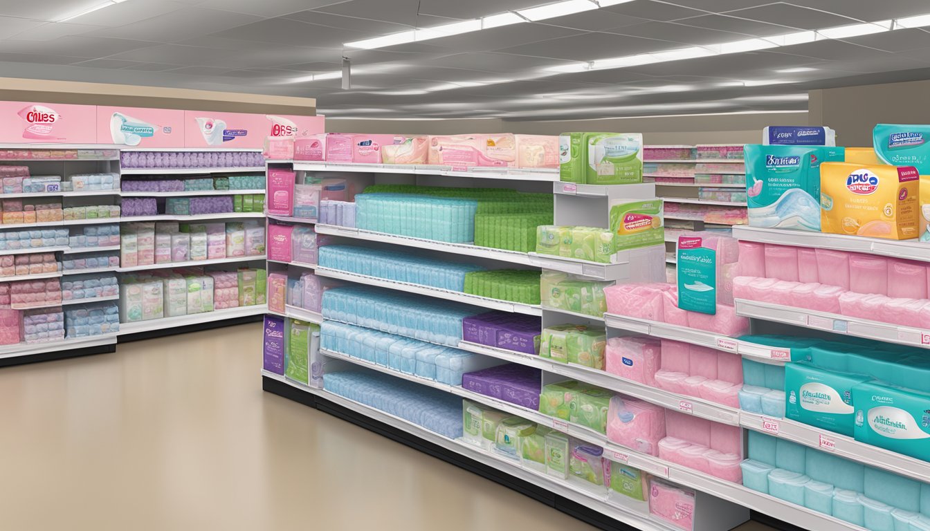 A display of various whole-club offerings, including feminine care pads, at BJ's Wholesale Club