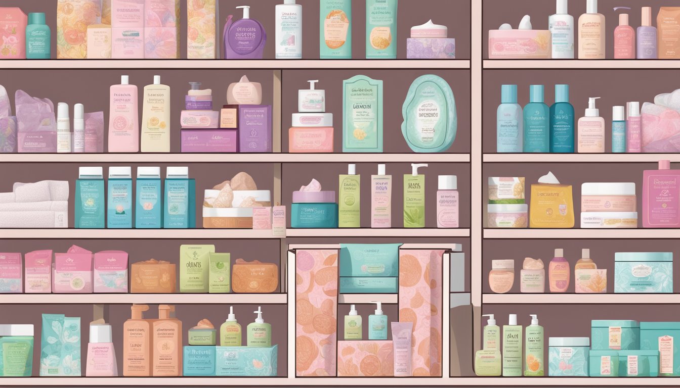 A display of Trader Joe's alternative feminine care options, including moisturizers and creams, arranged on a clean, modern shelf