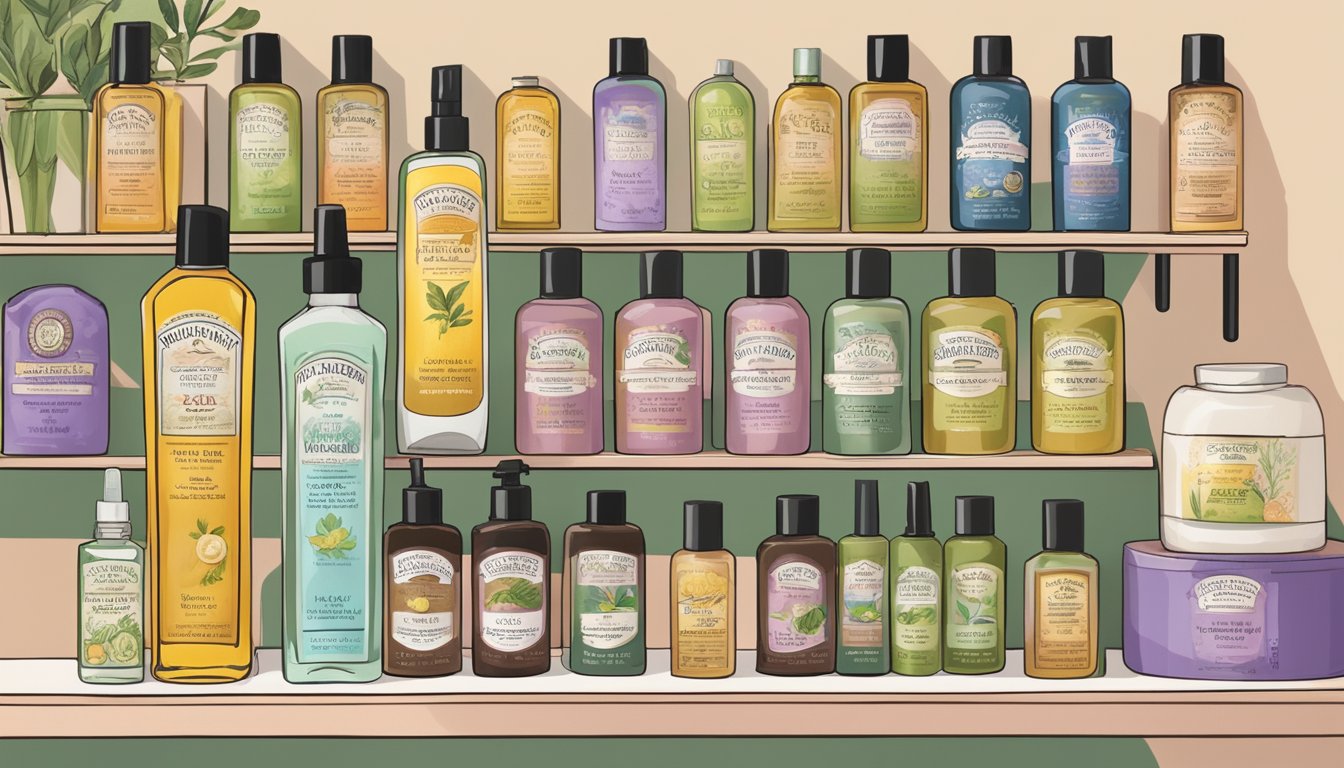 A display of various treatment and specialty oils, along with alternative feminine care options, arranged on a shelf at Trader Joe's