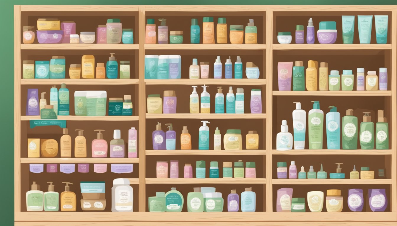 A display of natural, eco-friendly body and skin care products, including alternative feminine care options, arranged on wooden shelves in a Trader Joe's store