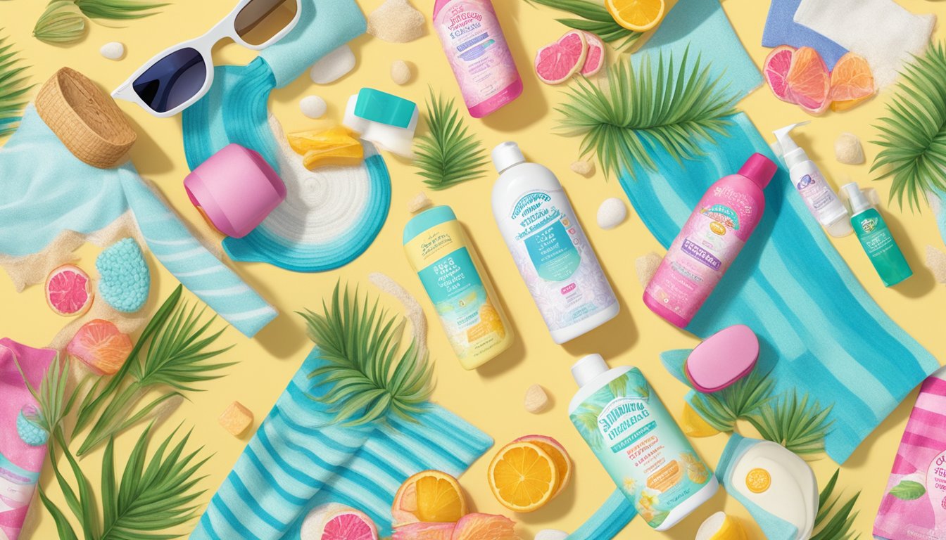 A sunny beach with Trader Joe's sun protection products and alternative feminine care options displayed on a colorful towel