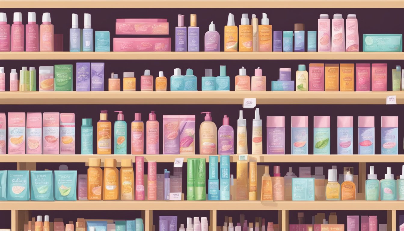 A variety of lip care and feminine care products displayed on shelves in a Trader Joe's store