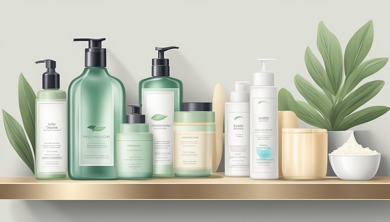 A serene bathroom shelf with gentle skincare and feminine care products, including soothing lotions and natural alternatives