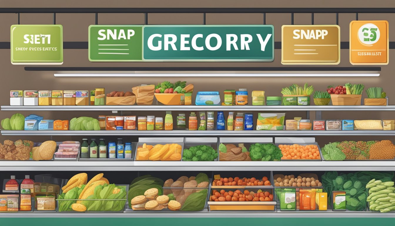 A grocery store checkout counter with a variety of food items on display, including both eligible and ineligible items for SNAP benefits