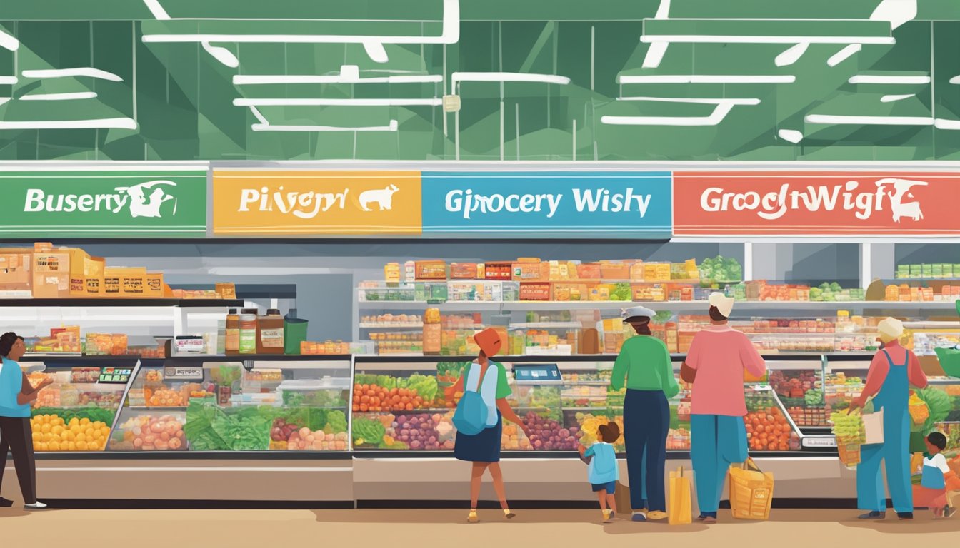 A bustling grocery store with a prominent Piggly Wiggly sign, customers using EBT cards at the checkout