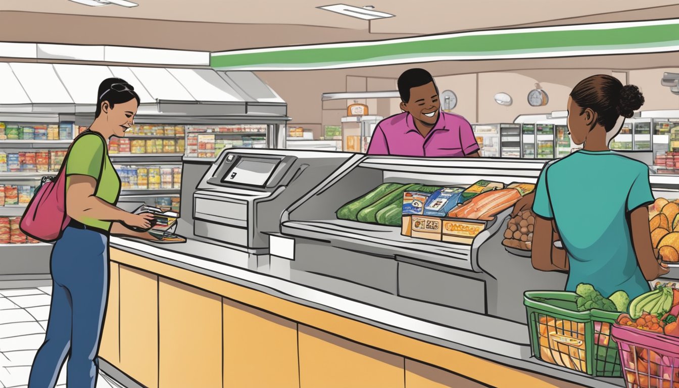 A cashier swipes an EBT card at a Piggly Wiggly checkout counter, while a customer waits with groceries