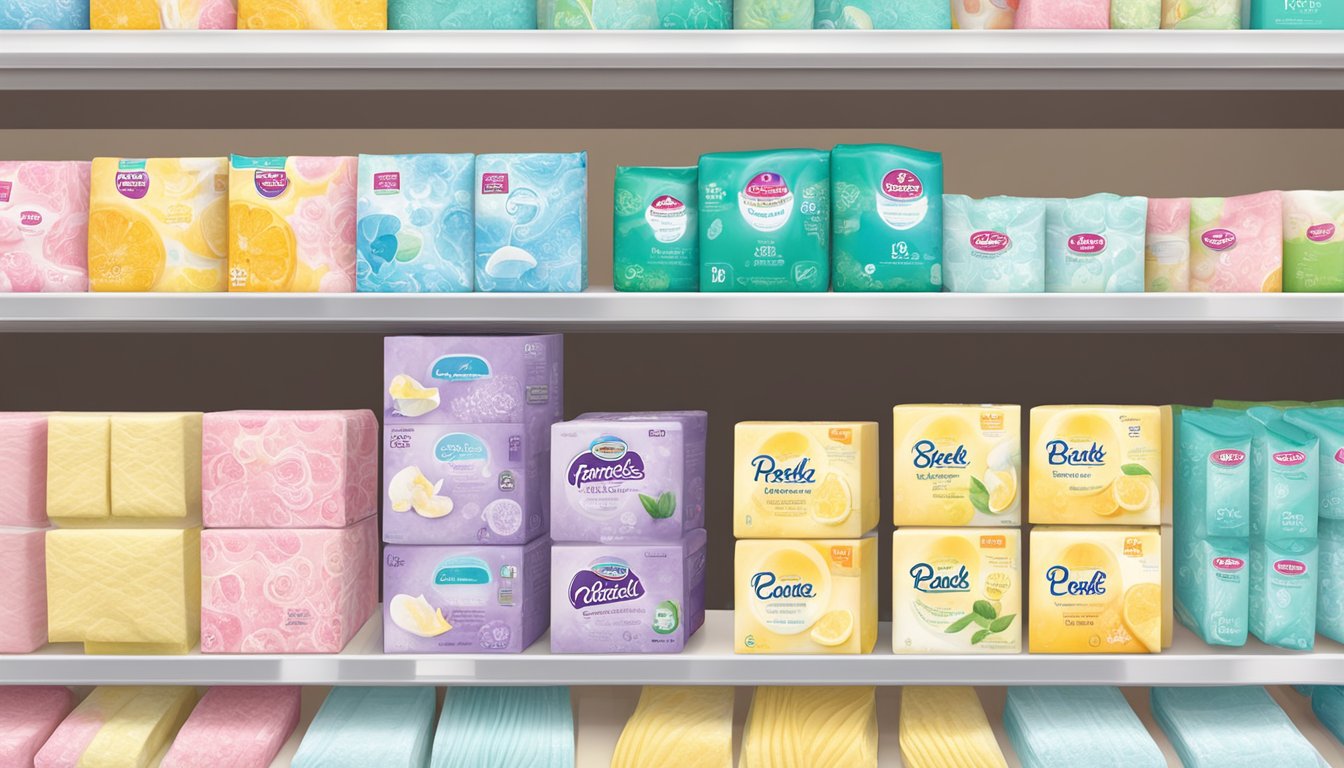 A colorful display of feminine care pads on a shelf at Hannaford supermarket