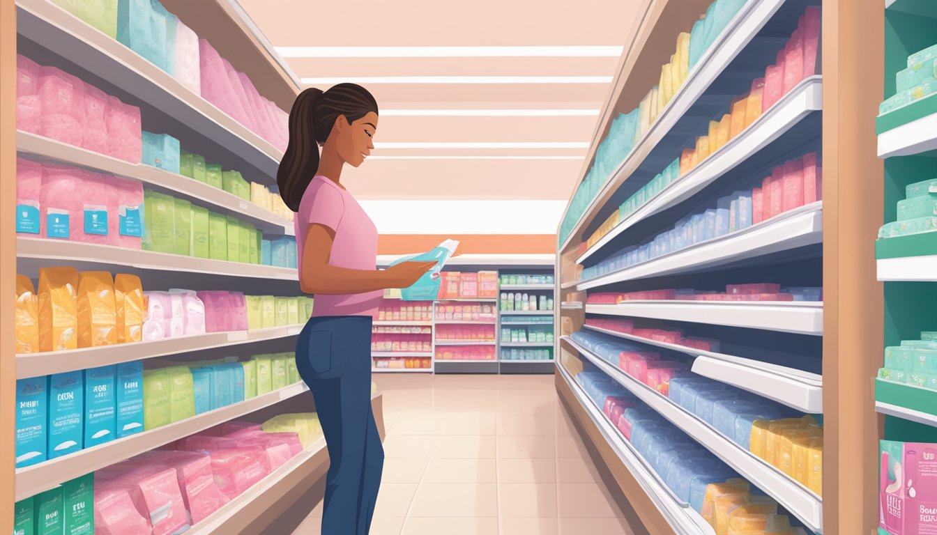 A woman browsing a wide variety of feminine care pads on a well-lit shelf at Hannaford supermarket