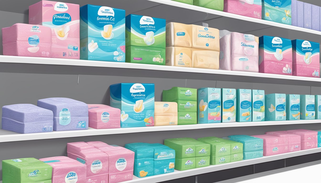 A colorful array of feminine care pads displayed on shelves with clear labels and safety information at Sam's Club