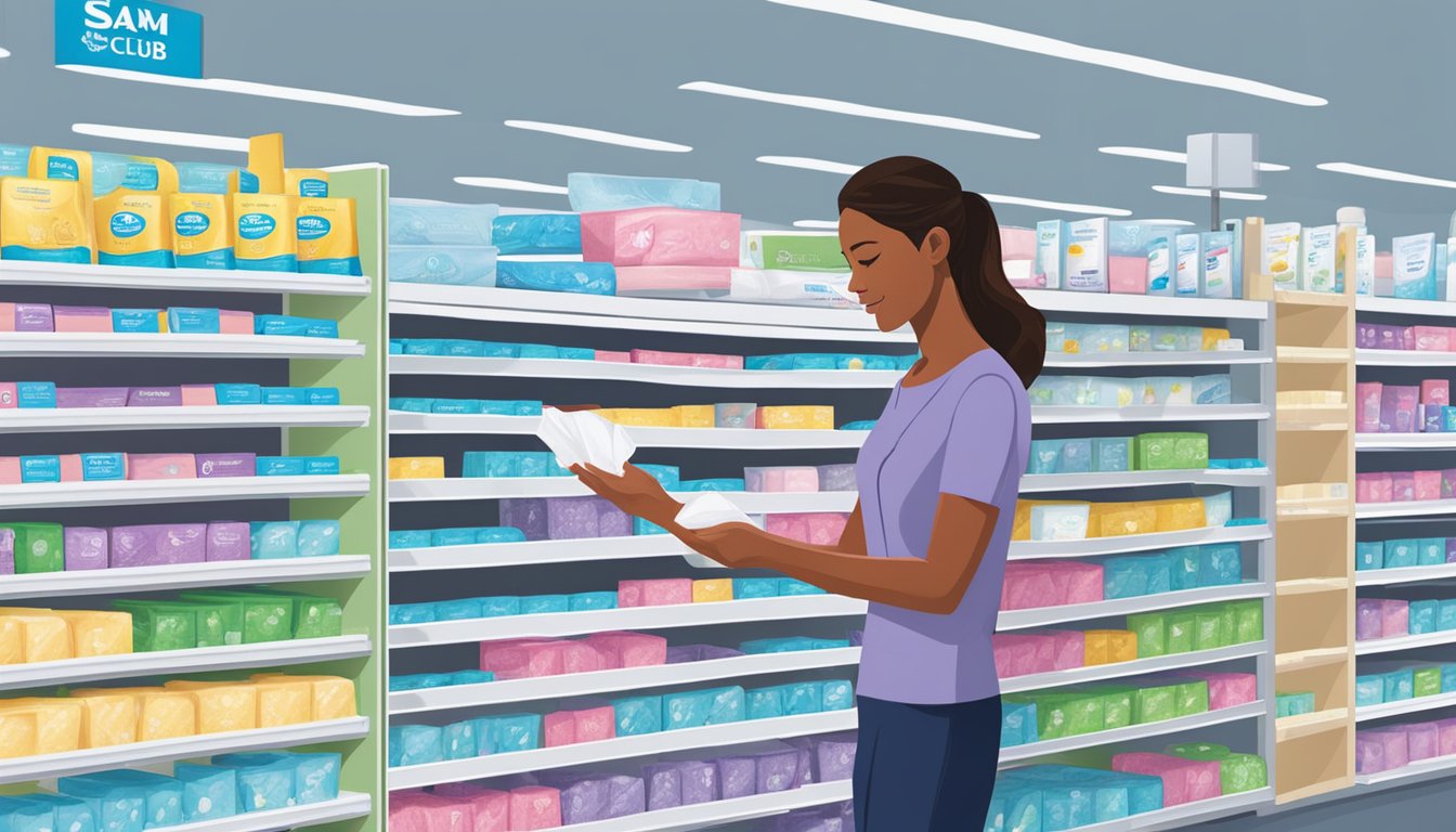 A woman selecting feminine care pads from a shelf in a Sams Club store