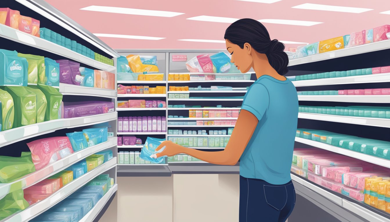 A woman selecting feminine care pads from a shelf at Hannaford Supermarket