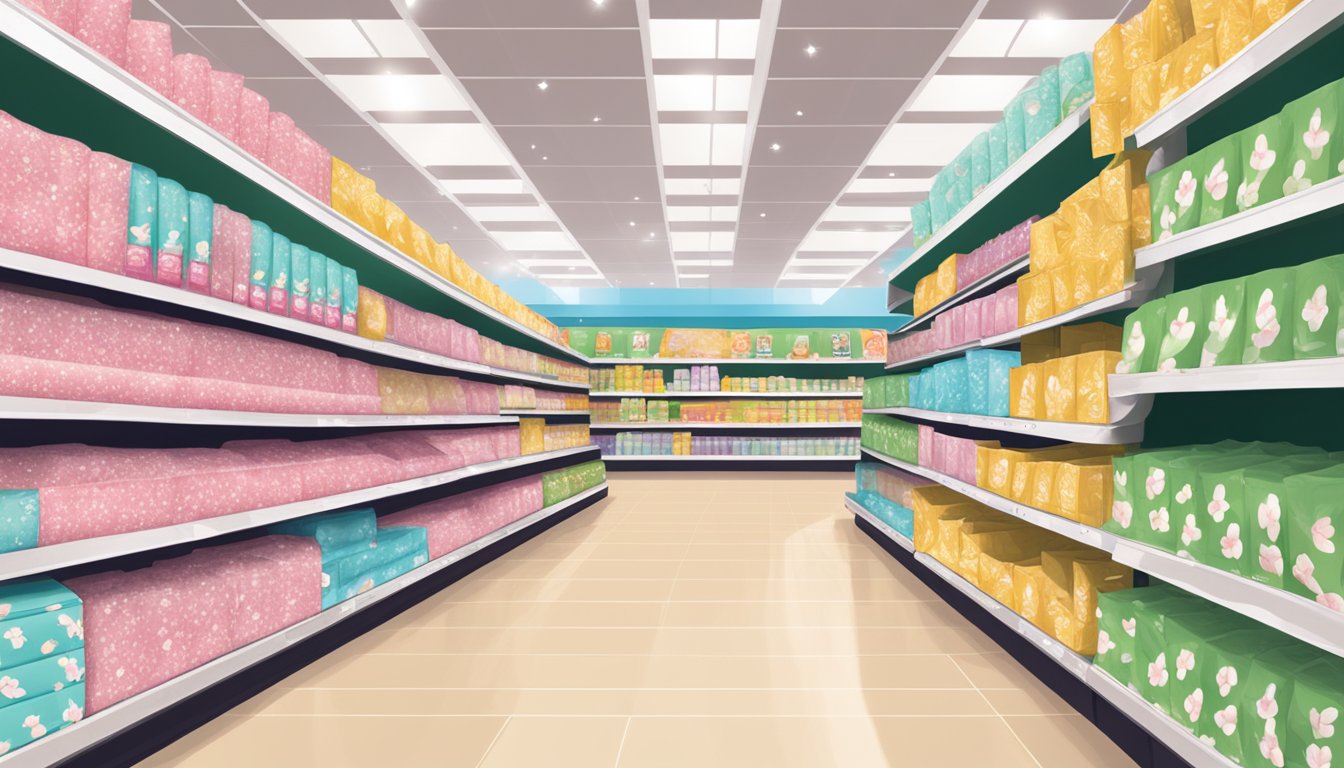 A display of feminine care pads on a festive holiday-themed aisle at Hannaford supermarket