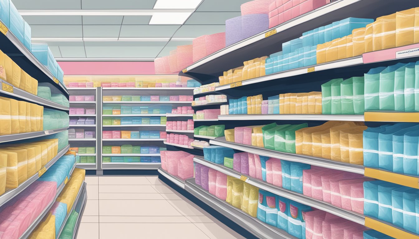 A shelf stocked with various feminine care pads at Hannaford supermarket