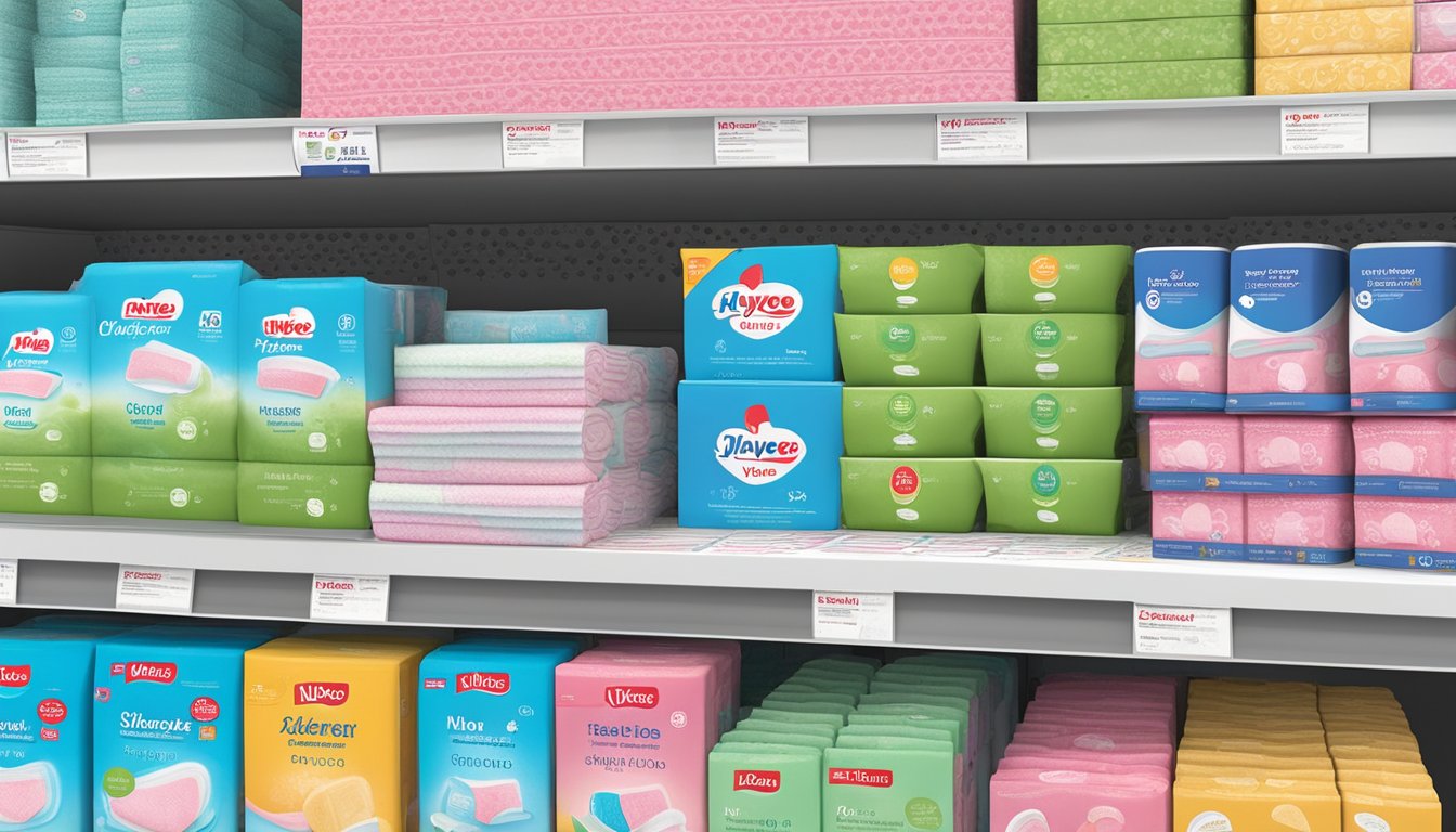 A display of feminine care pads on a shelf at Hy-Vee, with various brands and absorbency levels