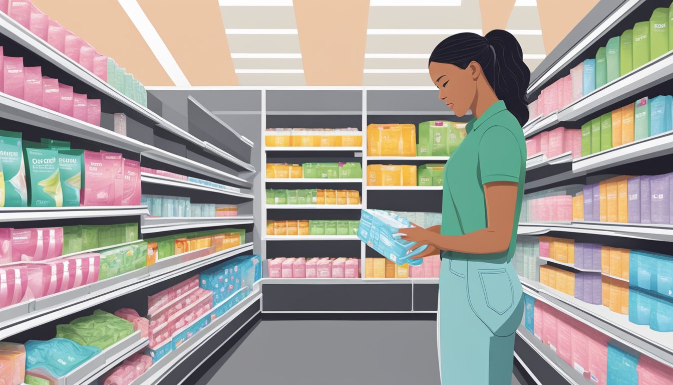 A woman browsing the feminine care aisle at Hy-Vee, selecting pads from the shelves