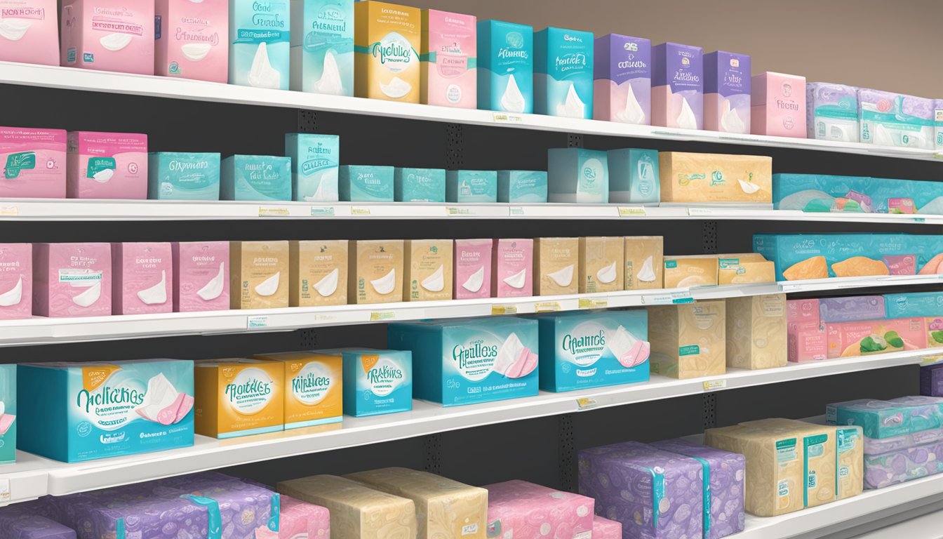 A shelf displaying various packages of feminine hygiene pads at Harris Teeter