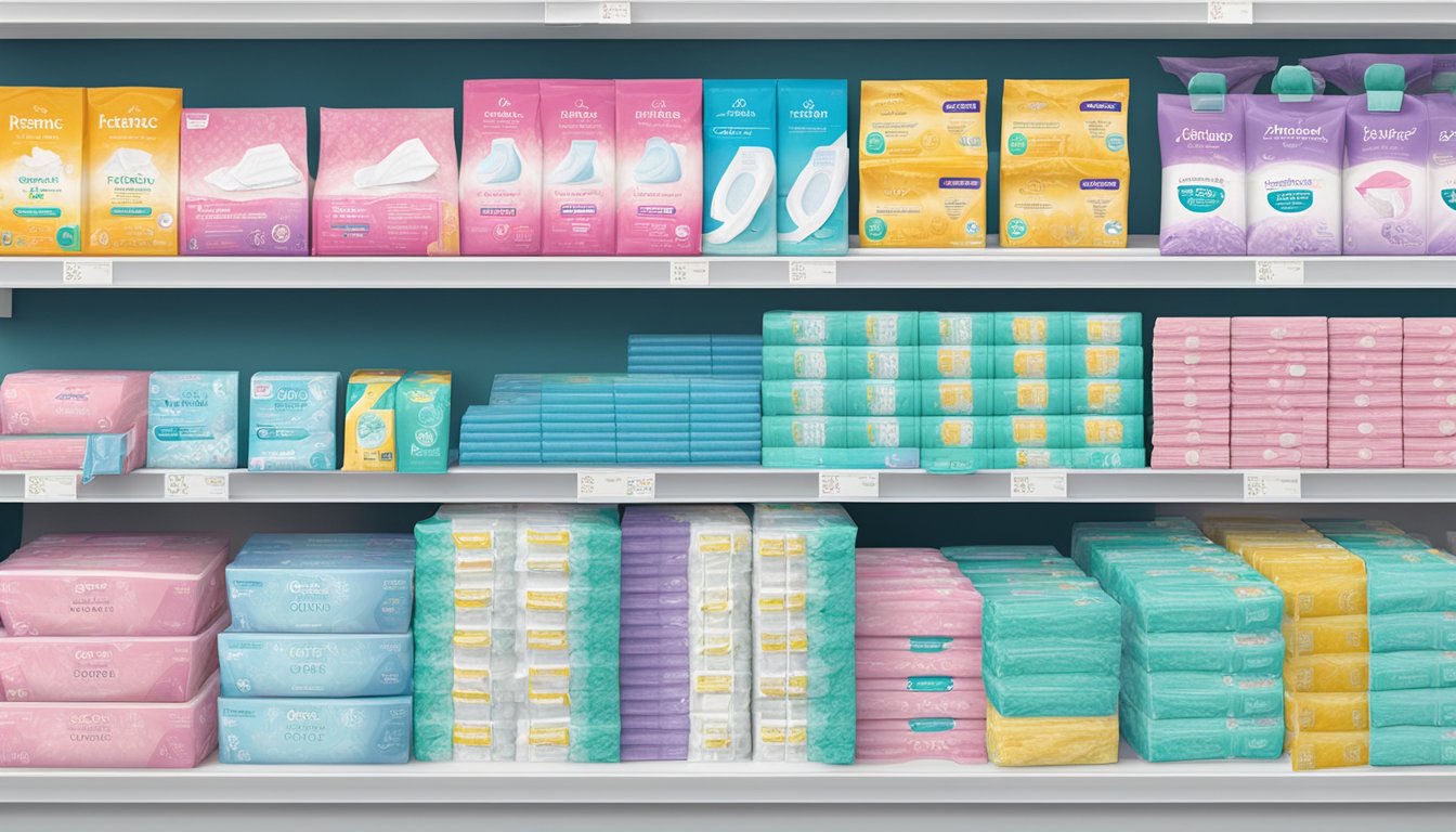 A shelf stocked with various packages of feminine hygiene pads at Harris Teeter, showcasing the selection and quality available