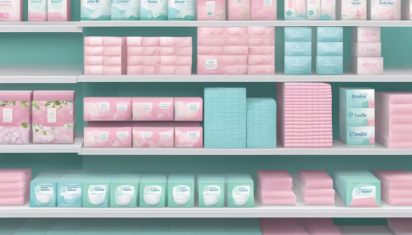 A display of feminine care pads on shelves at a Hy-Vee store