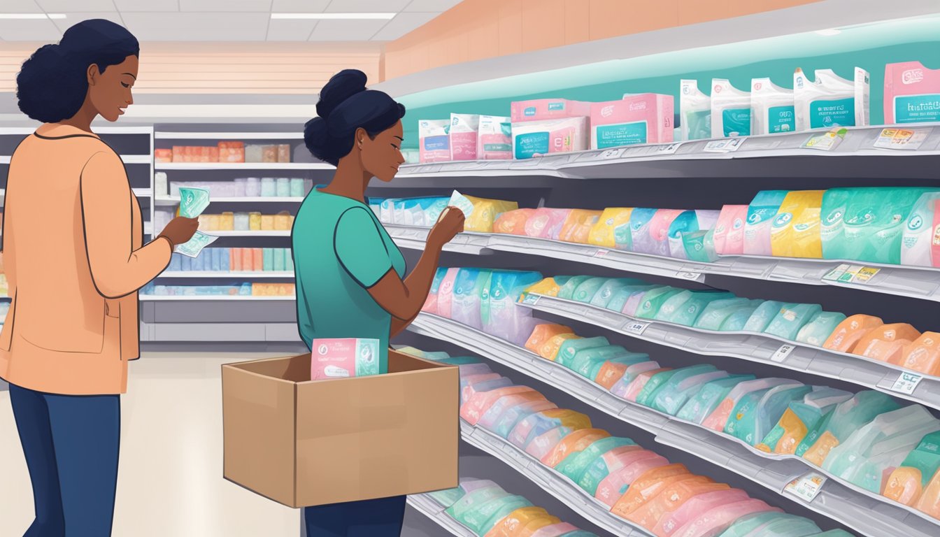 A woman selects Best Value feminine hygiene pads from the shelf at Harris Teeter