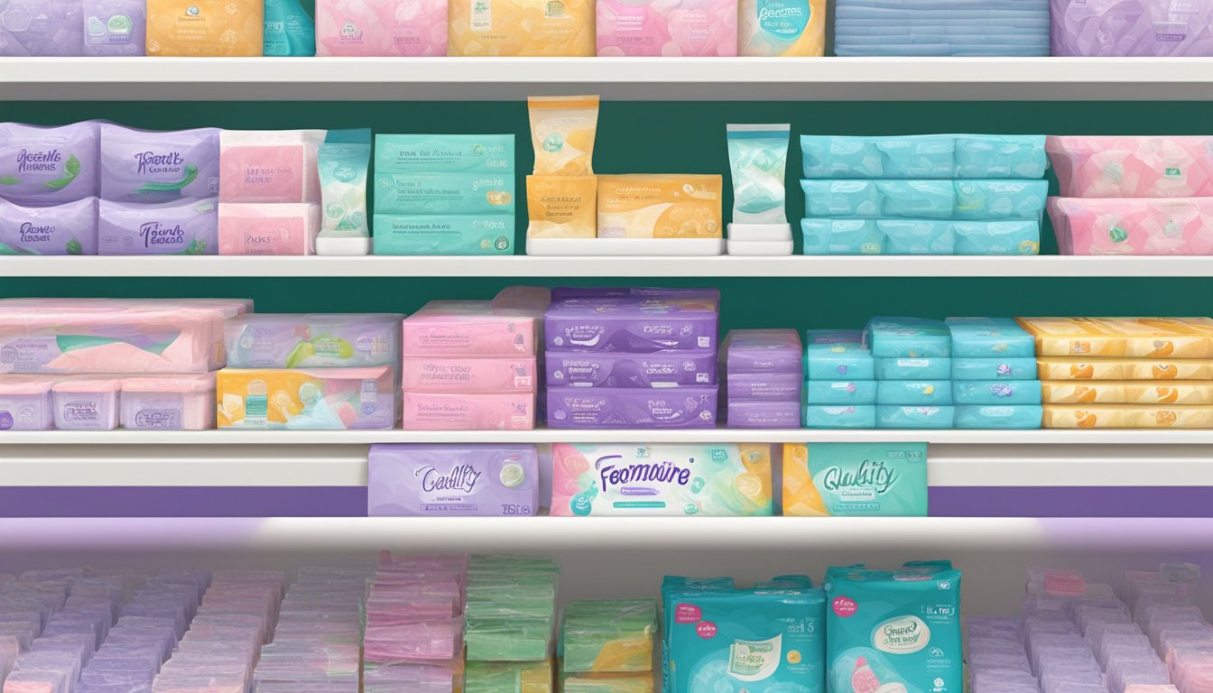 A shelf stocked with colorful, neatly arranged packages of quality feminine hygiene pads at Harris Teeter