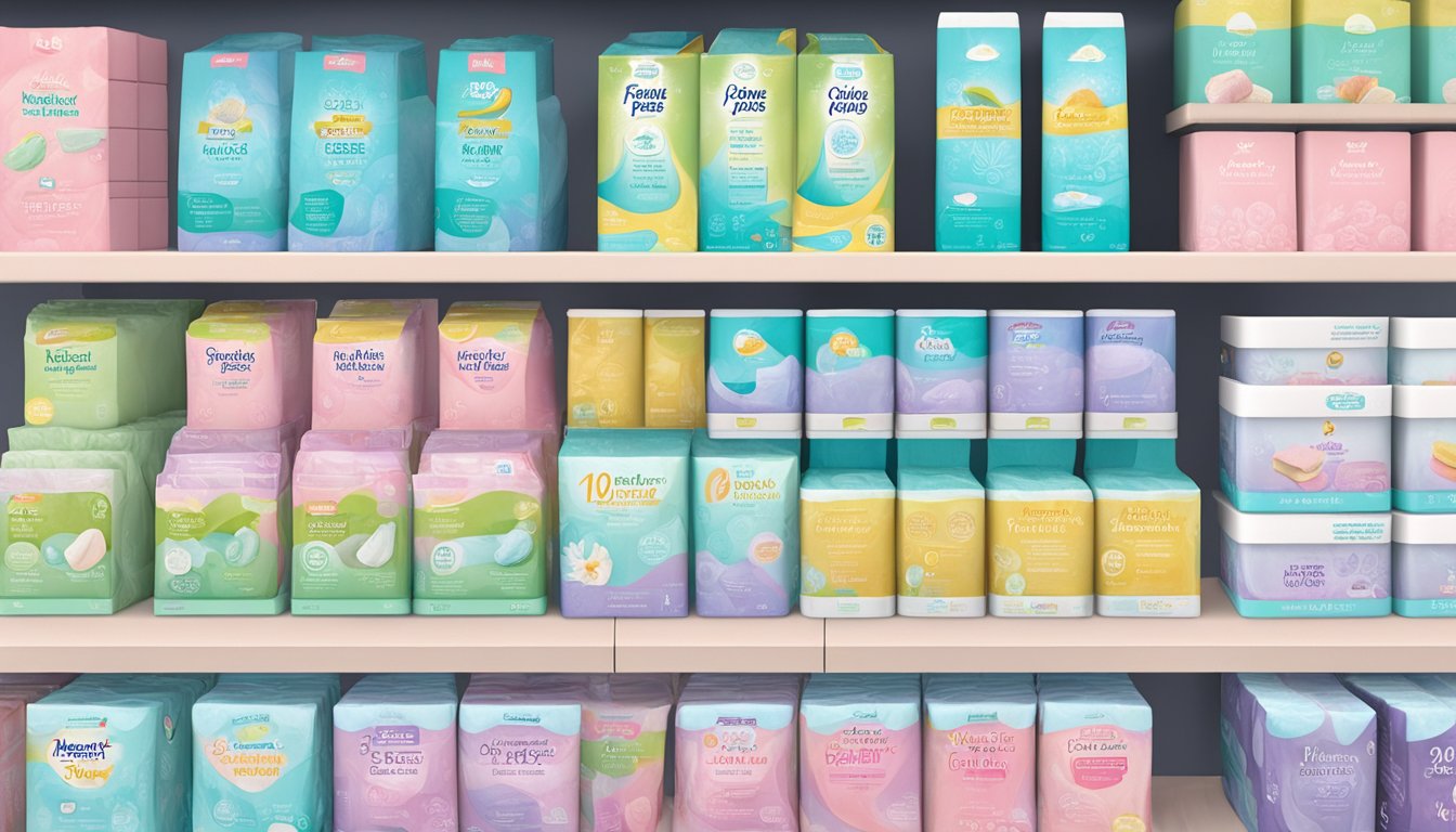 A variety of feminine care pads displayed on a shelf at HEB