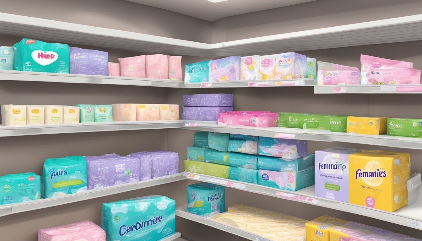 A package of feminine care pads displayed on a shelf at HEB, surrounded by other similar products