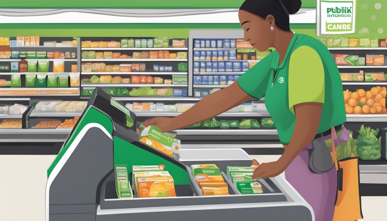 A person using an EBT card at a Publix checkout counter