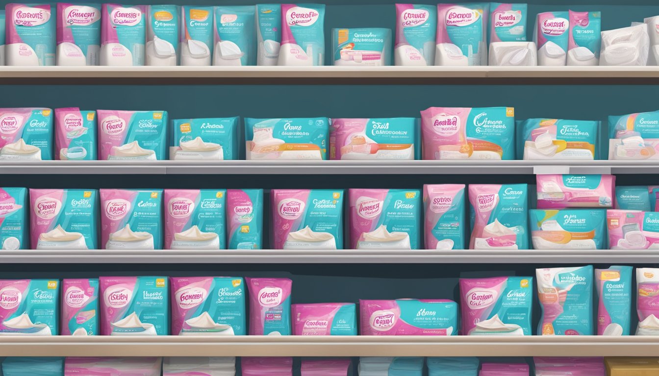 A variety of discounted feminine hygiene pads displayed on shelves at Grocery Outlet