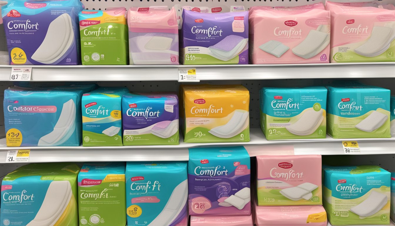 A package of Comfort and Fit feminine care pads displayed on a shelf at HEB