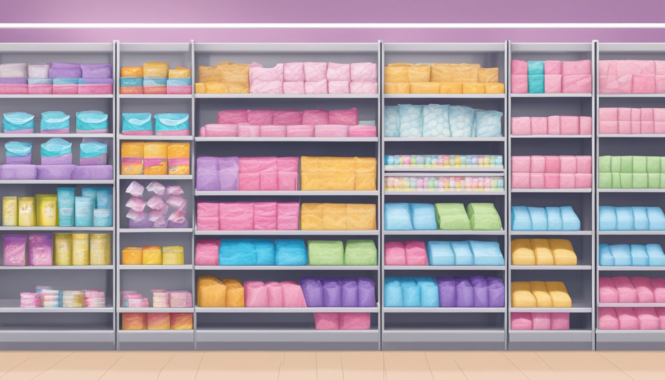 A shelf stocked with colorful feminine care pads at an HEB store