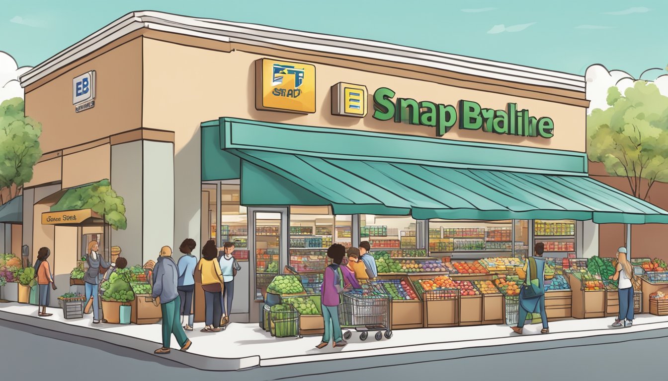 A bustling grocery store with a prominent "EBT/SNAP Accepted" sign at the entrance, customers using EBT cards at the checkout