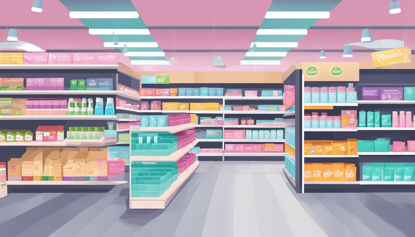 A grocery aisle with shelves stocked with discounted feminine hygiene pads, bright signage highlighting the benefits of the products, and a welcoming in-store atmosphere