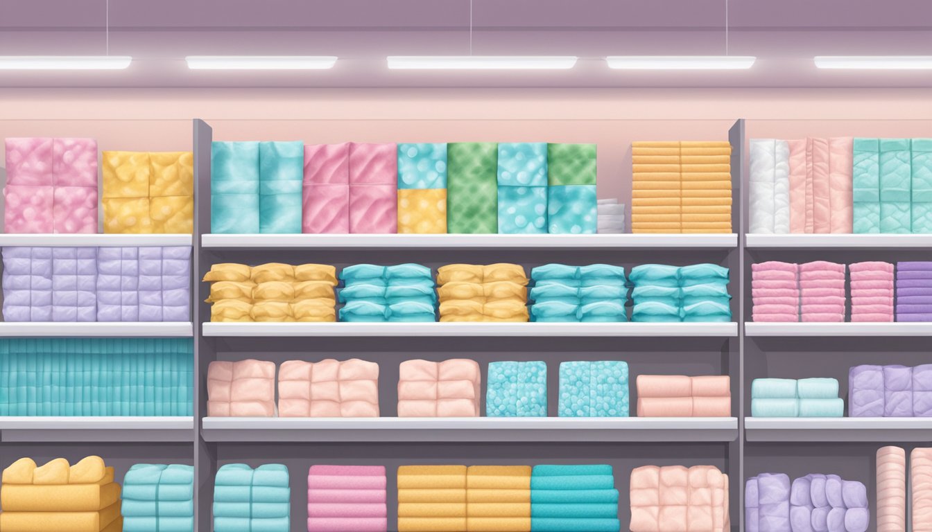 A row of feminine care pads on a store shelf with colorful packaging and various absorbency options