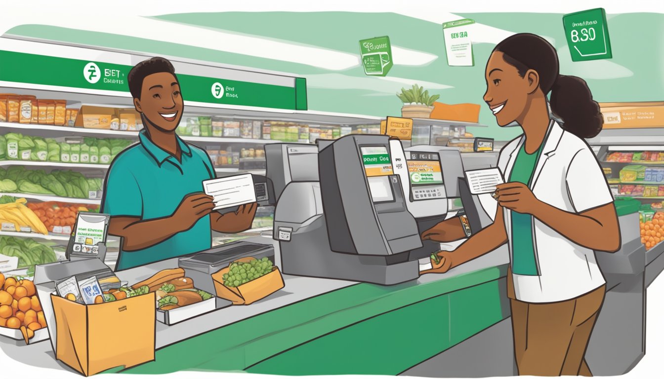 A person using an EBT card at a Publix checkout counter, with a cashier ringing up items and a sign indicating acceptance of EBT/SNAP benefits