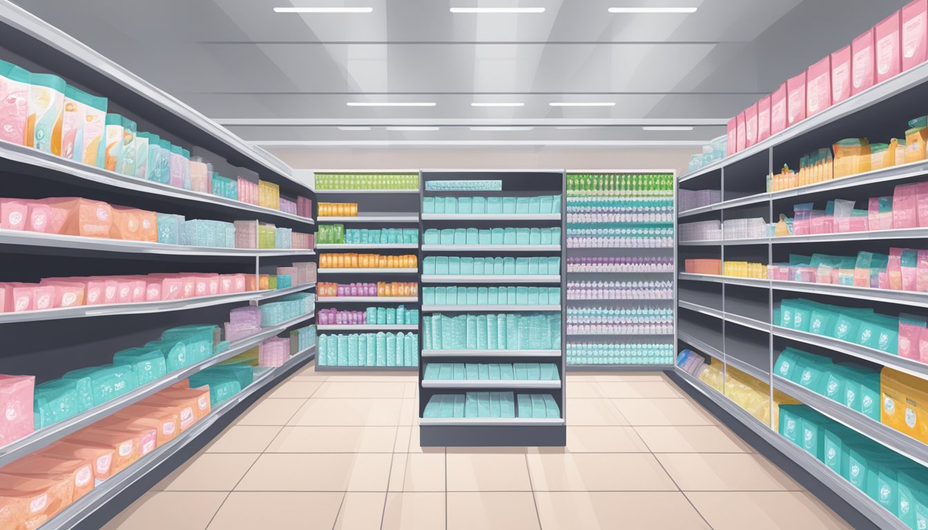 A grocery aisle with discounted feminine hygiene pads displayed on shelves