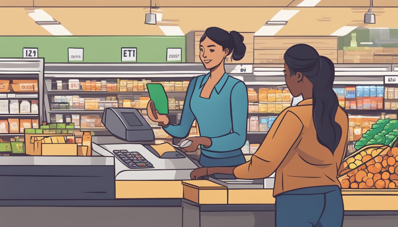 A grocery store cashier swiping an EBT card at the register