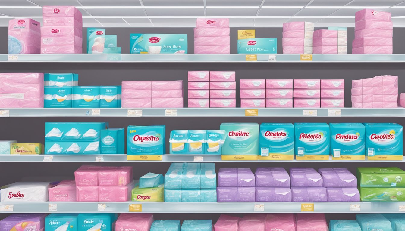 A shelf filled with various packages of feminine hygiene pads at a Giant Eagle store