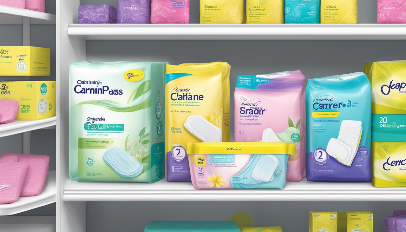 A package of affordable feminine care pads displayed on a shelf at Dollar General, surrounded by other personal care products