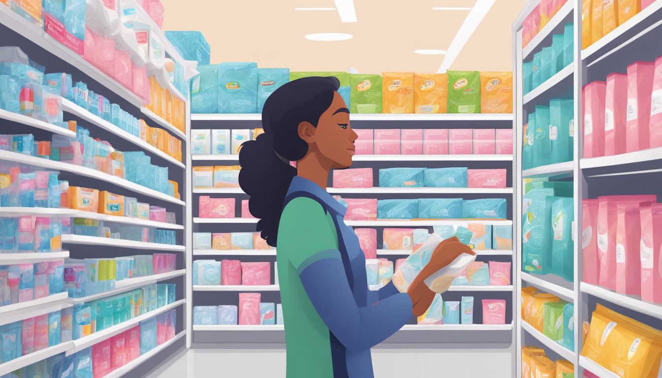 A woman selects from a variety of feminine hygiene pads on a well-lit aisle at Giant Eagle, with colorful packaging and clear product labels