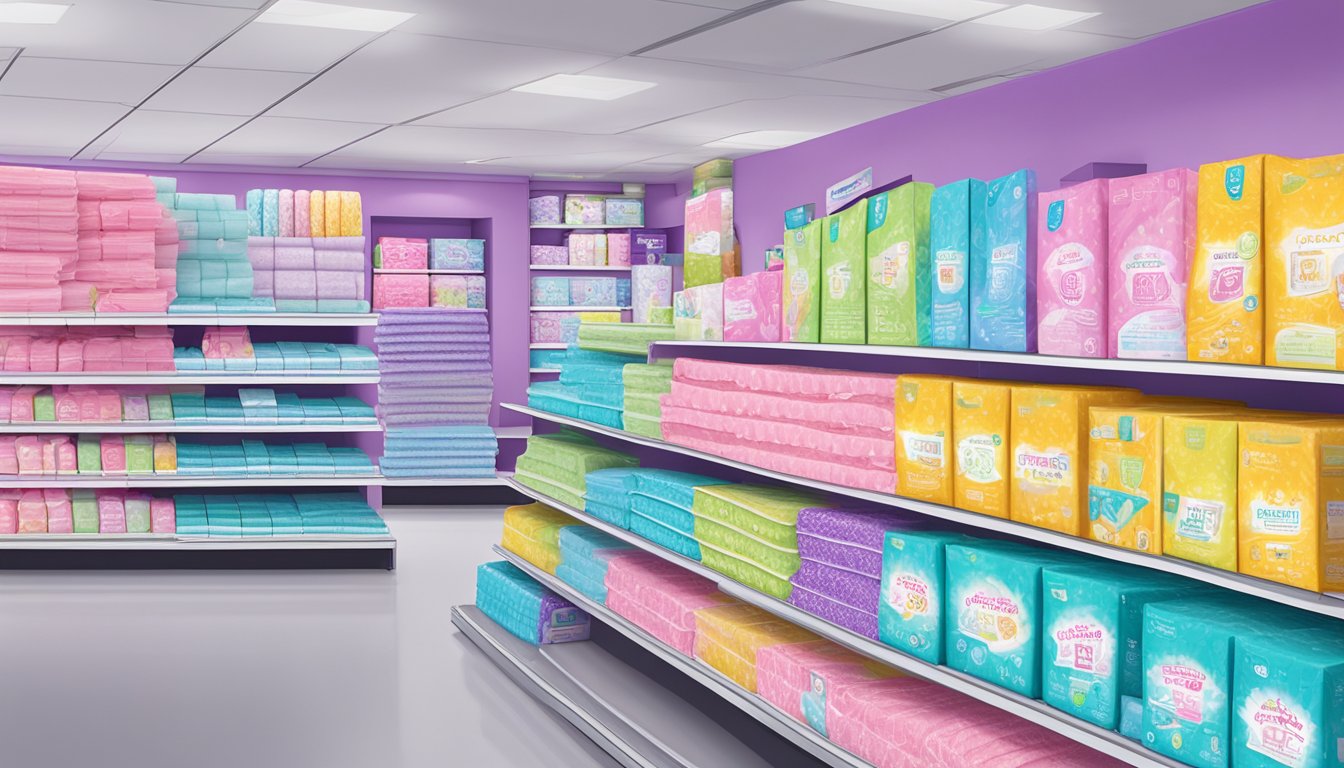 A colorful display of affordable feminine care pads at a Five Below store