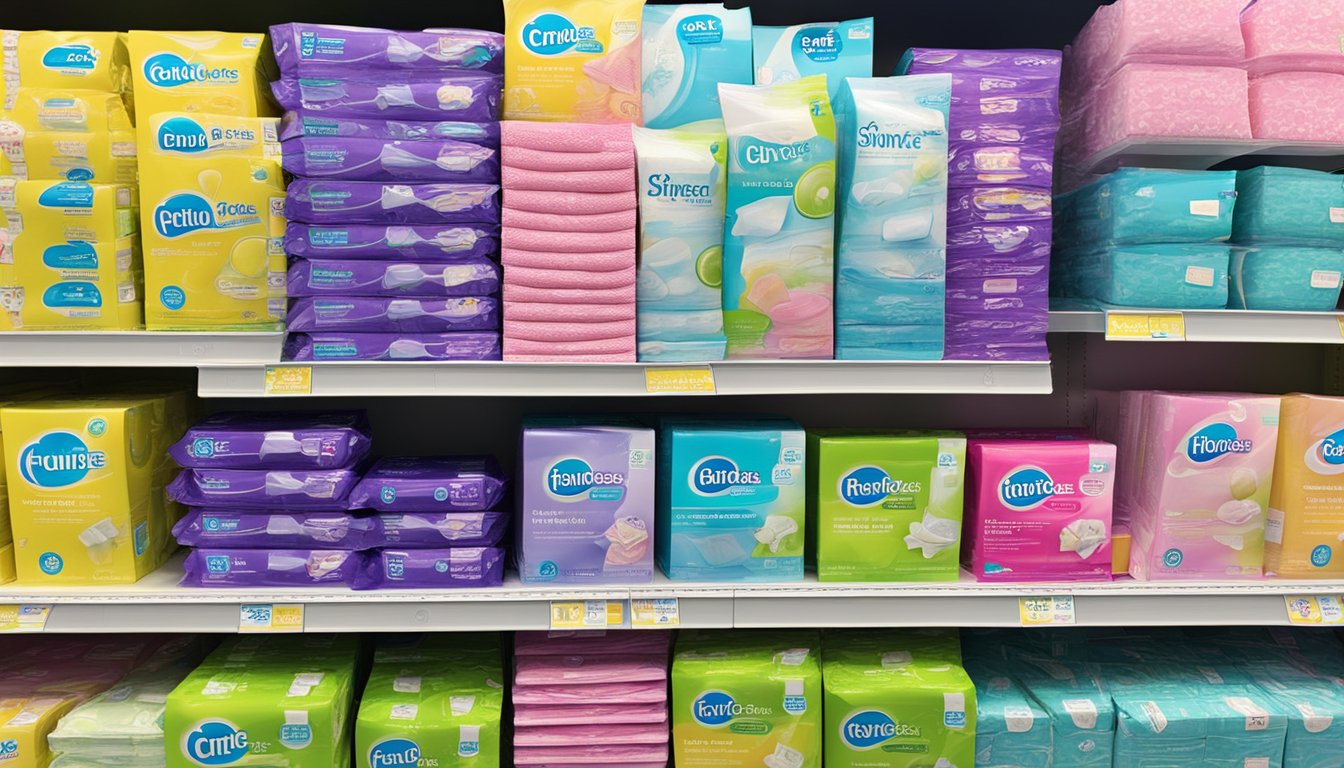 A package of affordable feminine care pads displayed on a shelf at Five Below