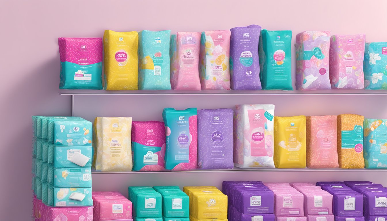 A display of colorful, affordable feminine care pads at Five Below, with a focus on quality and variety