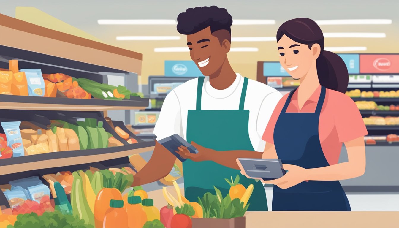 A grocery store cashier swipes an EBT card at the checkout counter, while a customer holds a bag of groceries