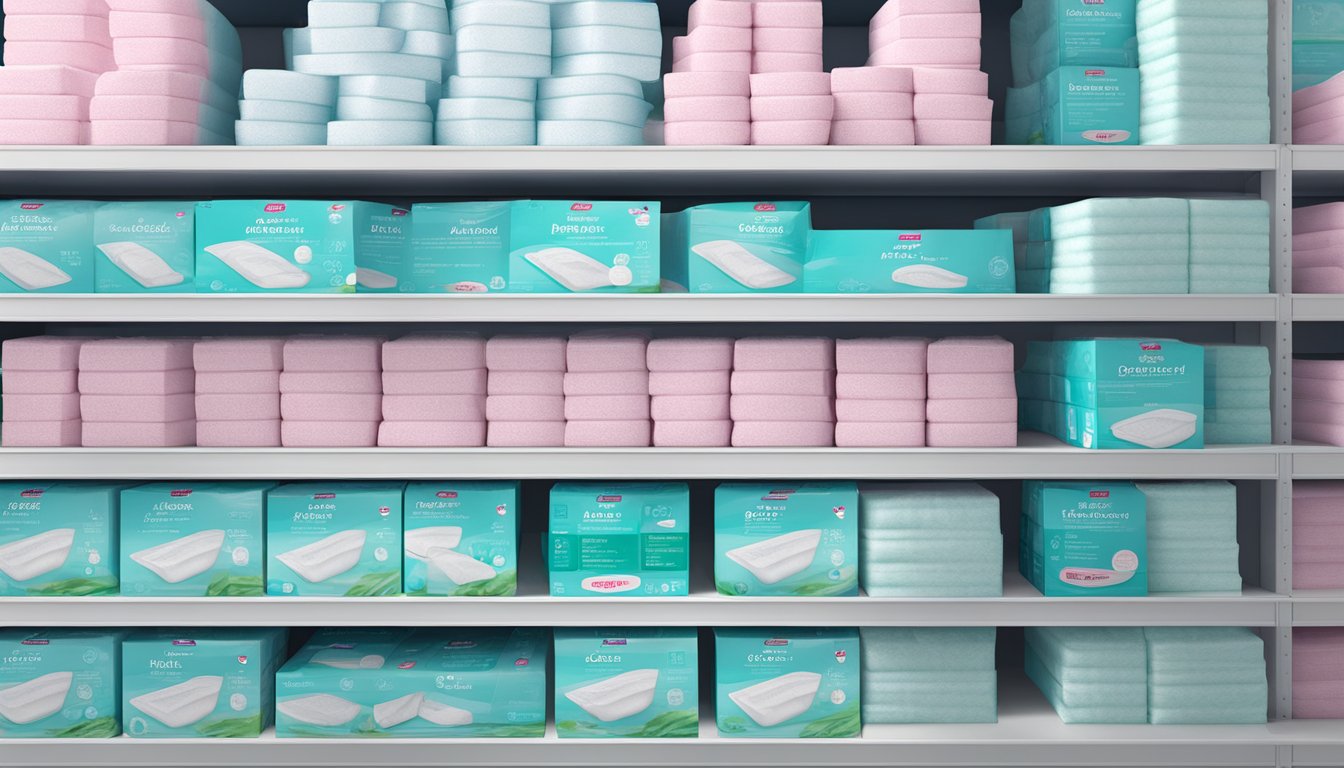 A stack of feminine hygiene pads displayed on a shelf at Costco Wholesale