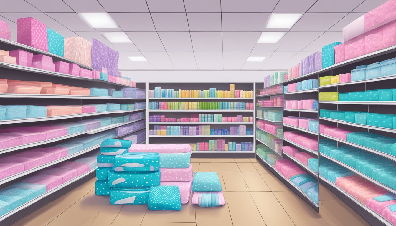 A colorful display of affordable feminine care pads at a Five Below store, with various sizes and styles neatly arranged on shelves