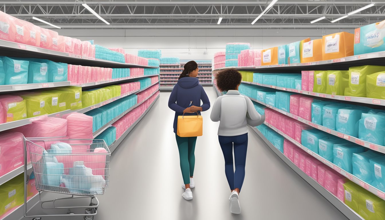 A display of feminine hygiene pads in bulk at a Costco wholesale store, with customers purchasing and carrying them in their carts