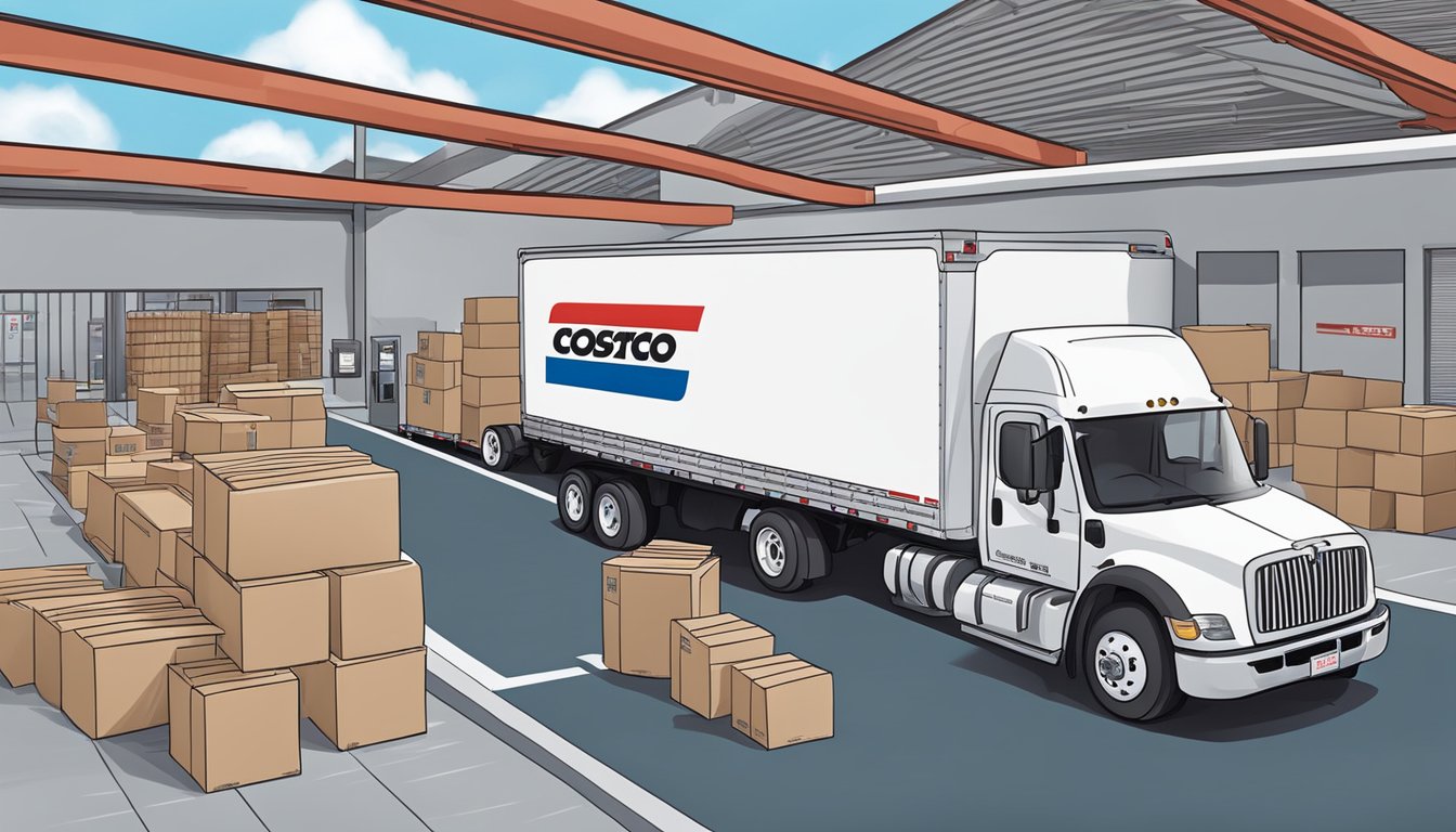 A Costco delivery truck unloading boxes of feminine hygiene pads at a Costco Wholesale store