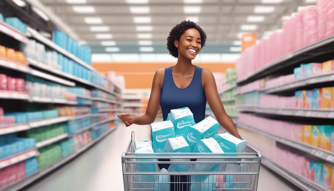 A woman happily purchasing feminine hygiene pads at a Costco store, smiling at the product and holding it in her shopping cart