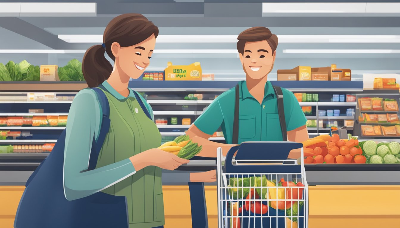 A cashier at Lidl scans groceries, including fresh produce and pantry items, while a customer presents an EBT card. The customer service desk is visible in the background